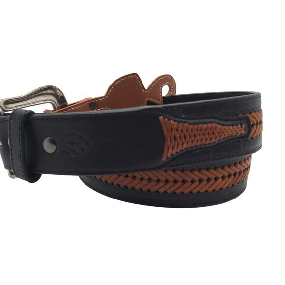 Ariat Brown Black Western Leather Belt Braided Two Tone 32 Silver Tooled Buckle - Picture 12 of 13